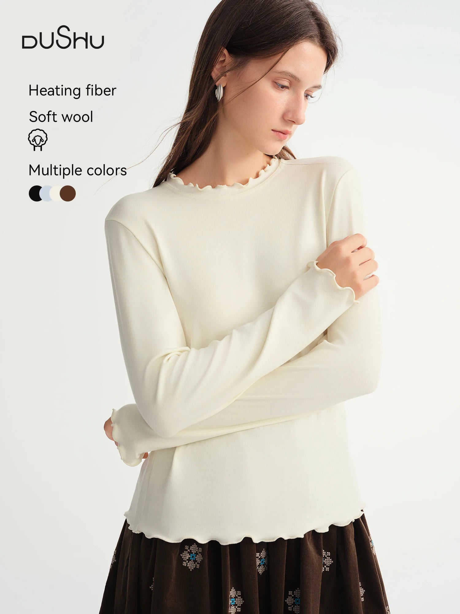 DUSHU Self-Heating Wool T-shirts Half-High Collar Soft Knit  Women's Longline Bralette Fall Winter Curvy Solid Color Pullovers