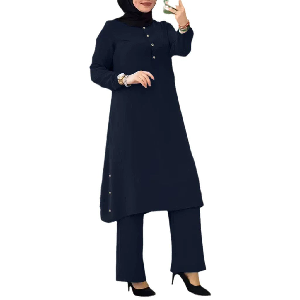 Two Piece Women Modest Set Top Lace Up Wide Leg Pants Suit Ramadan  Casual Ensemble Arabic Outfits