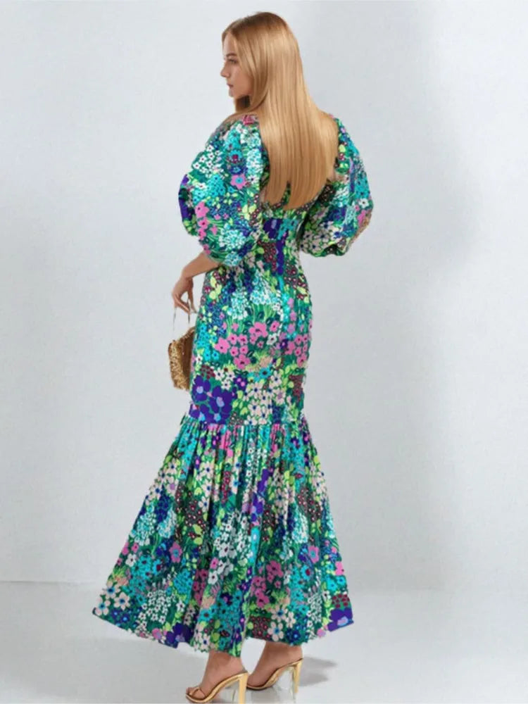 Fashion Print Dress For Women Casual O-Neck Puff Sleeve High Waist Dresses Robe Femme Elegant Party Womens Clothing Summer New