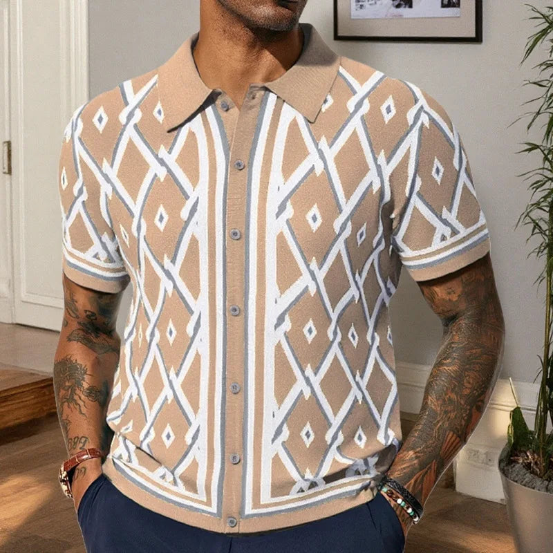 Knitted Shirt Print T Shirts Short Sleeve Single Breasted Cardigan Men Turn Down Collar Casual Shirts Loose Casual 2025