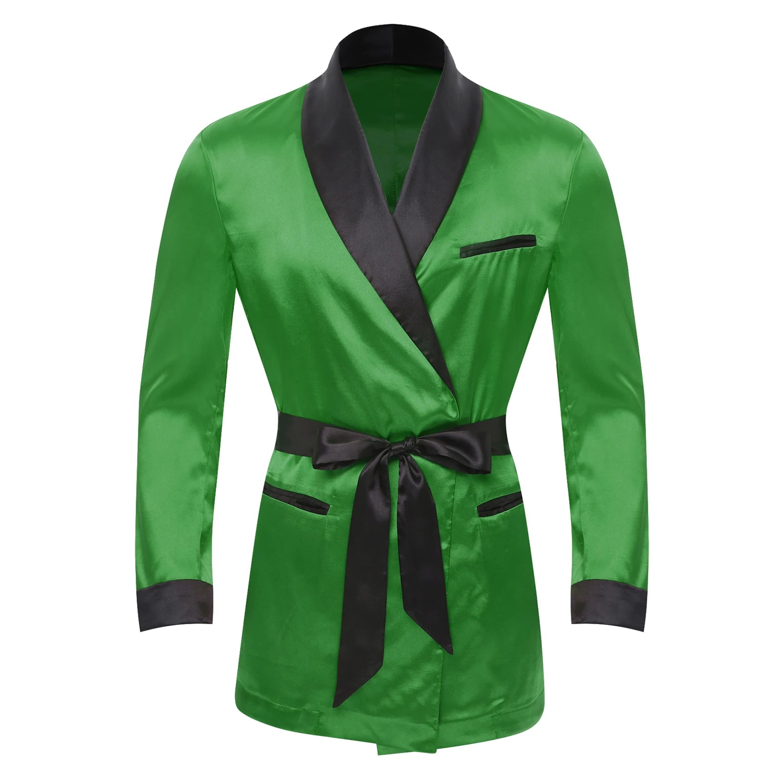 Mens Sleepwear Jacket Robe with Belt Pajamas Top Lapel Long Sleeve Side Pockets Bathrobe Nightwear/ Loungewear