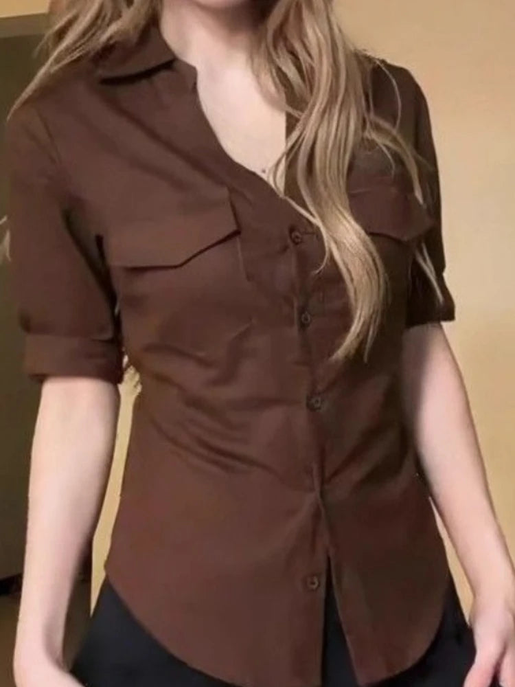 Vintage Hot Chick Polo Collar T-shirt Woman Half Sleeve Fashion Aesthetic Button Brown Slim Tops Autumn New Chic Design Clothes
