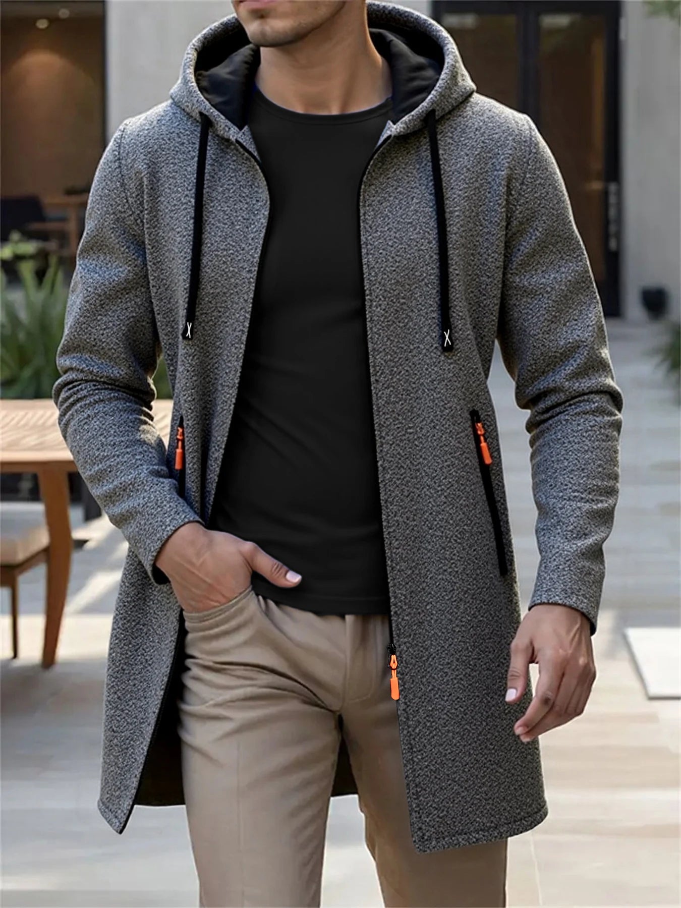 Men's Hooded Long Jackets  Outwear Casual Coats Zipper