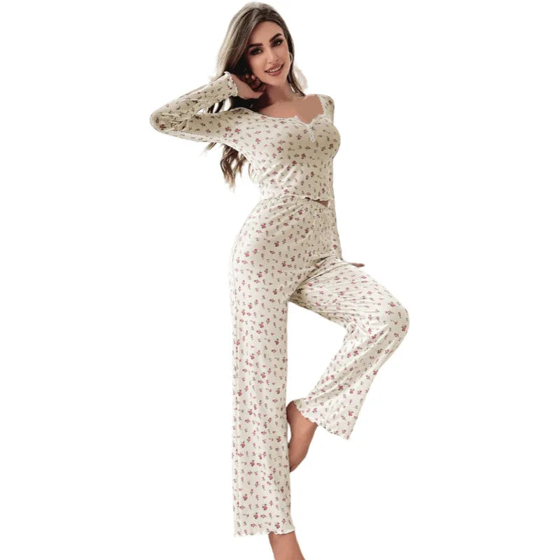 Spring Women's Sleepwear Fashion Floral Print Pajamas Set Tops Trousers Comfortable Casual Loungewear Female Nightwear