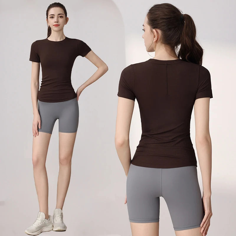 Women Yoga Tops Pilates Aerobic Clothes Tight Short Sleeve Workout Sport Fitness Running Suit Gym T-shirt Slim Sportswear Blouse