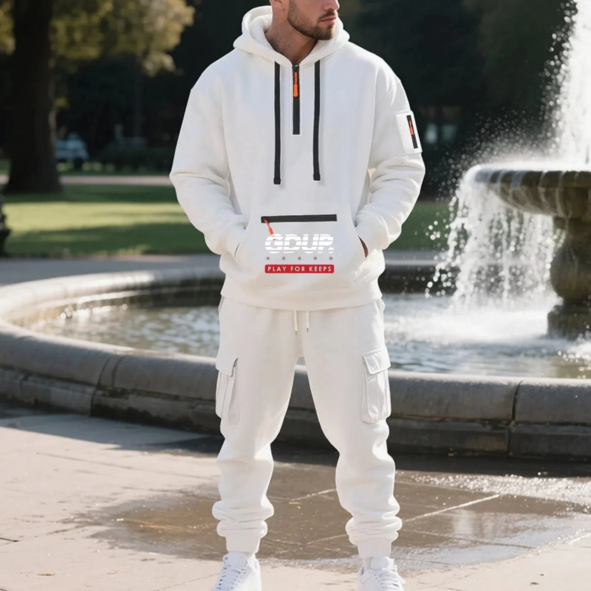 Men's Fleece Hooded Half-Zip Sweatshirt And Loose Sport Pants Set Casual Autumn/Winter Multi-Pocket Fashion Track Suit