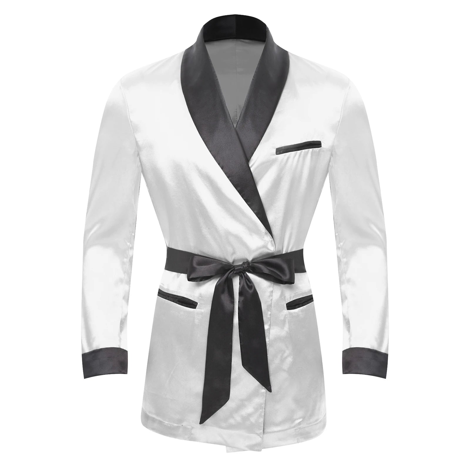 Mens Sleepwear Jacket Robe with Belt Pajamas Top Lapel Long Sleeve Side Pockets Bathrobe Nightwear/ Loungewear