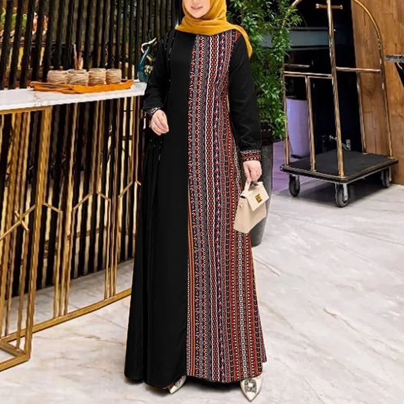 ZANZEA Women Ethnic Printed Panels Maxi Dress Long Sleeve Hijab O Neck   Patchwork  Loose Casual Abaya Robe