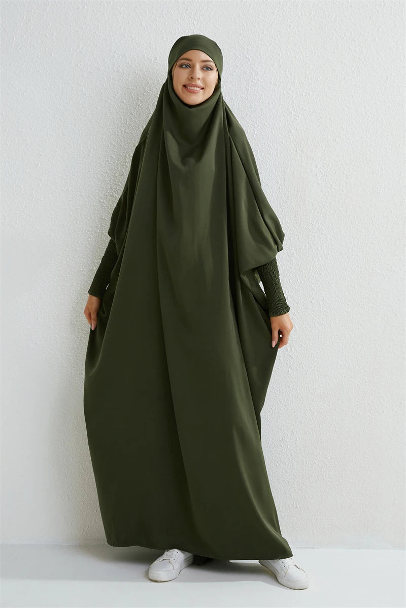 Abaya Hooded Smocking Sleeve One-piece Prayer Dress Women Jilbab  Clothing Dubai Saudi Black Robe Turkish Modesty