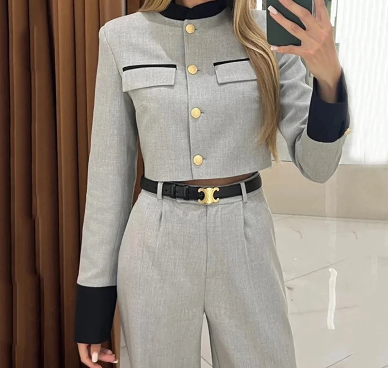 Women's Suits Streetwear Fashion Contrasting Color Small Fragrant Styleelegant Temperament Wide Leg Pants Sets 2025 Autumn New