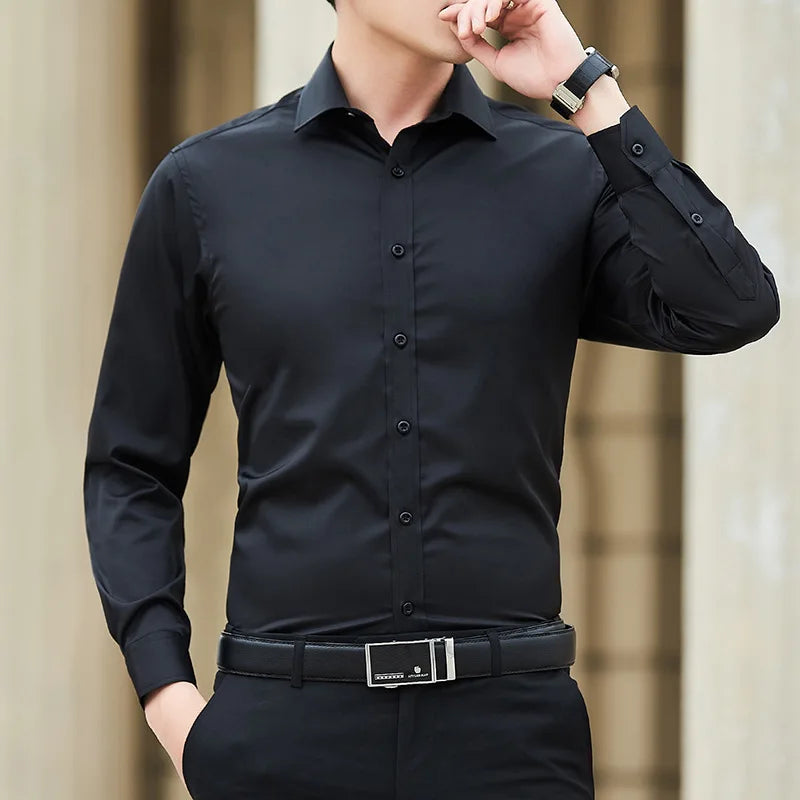 Men Solid Color Shirt Casual White Long Sleeve Shirt