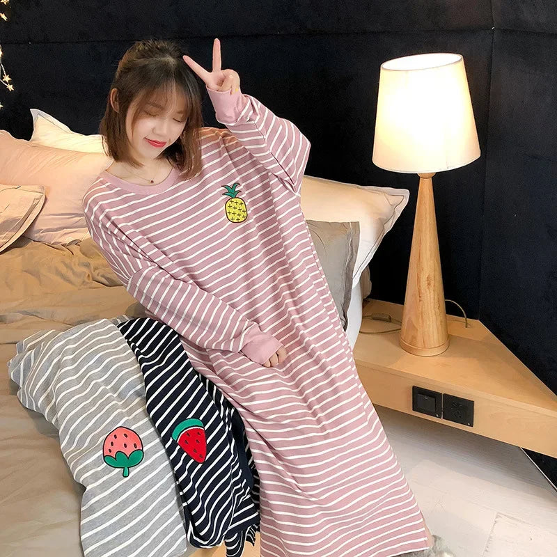 2025 Women Sleepwear Spring Summer Plus Size Night Dress for Lady Cute Long Sleeve Loose Embroidery Cartoon Sleepshirts Pajamas