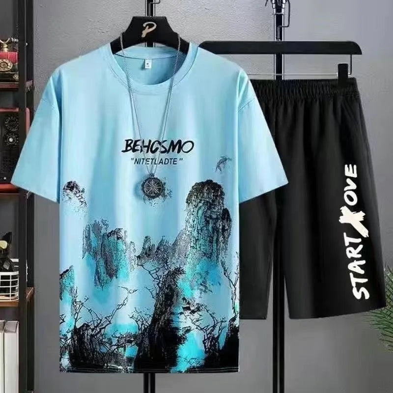 2025 Summer leisure Men set Manga Graffiti Tees T-shirt+shorts 2-piece Comfortable and breathable for men Top Print Tshirts sets