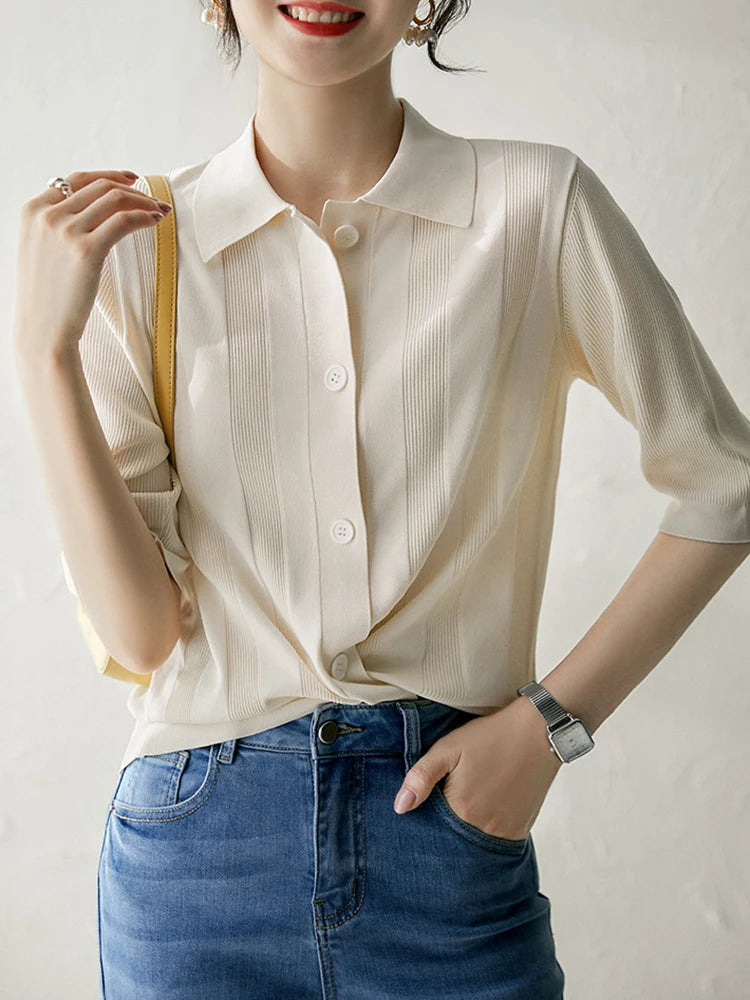 Turn-Down Collar Tee Shirt Femme Korean Fashion Clothing Button Tshirts For Women Short Sleeve 2025 Summer Cardigan Knitted Tops