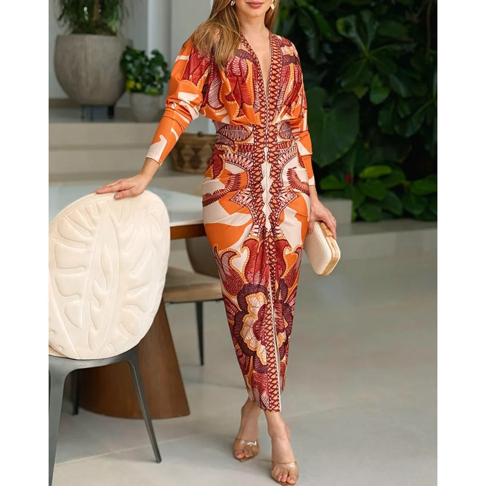 Women Fashion Vintage Baroque Print Long Sleeve Bodycon Dress Casual Plunge V Neck Ruched Slim Fit Midi Dress Party Elegant Wear