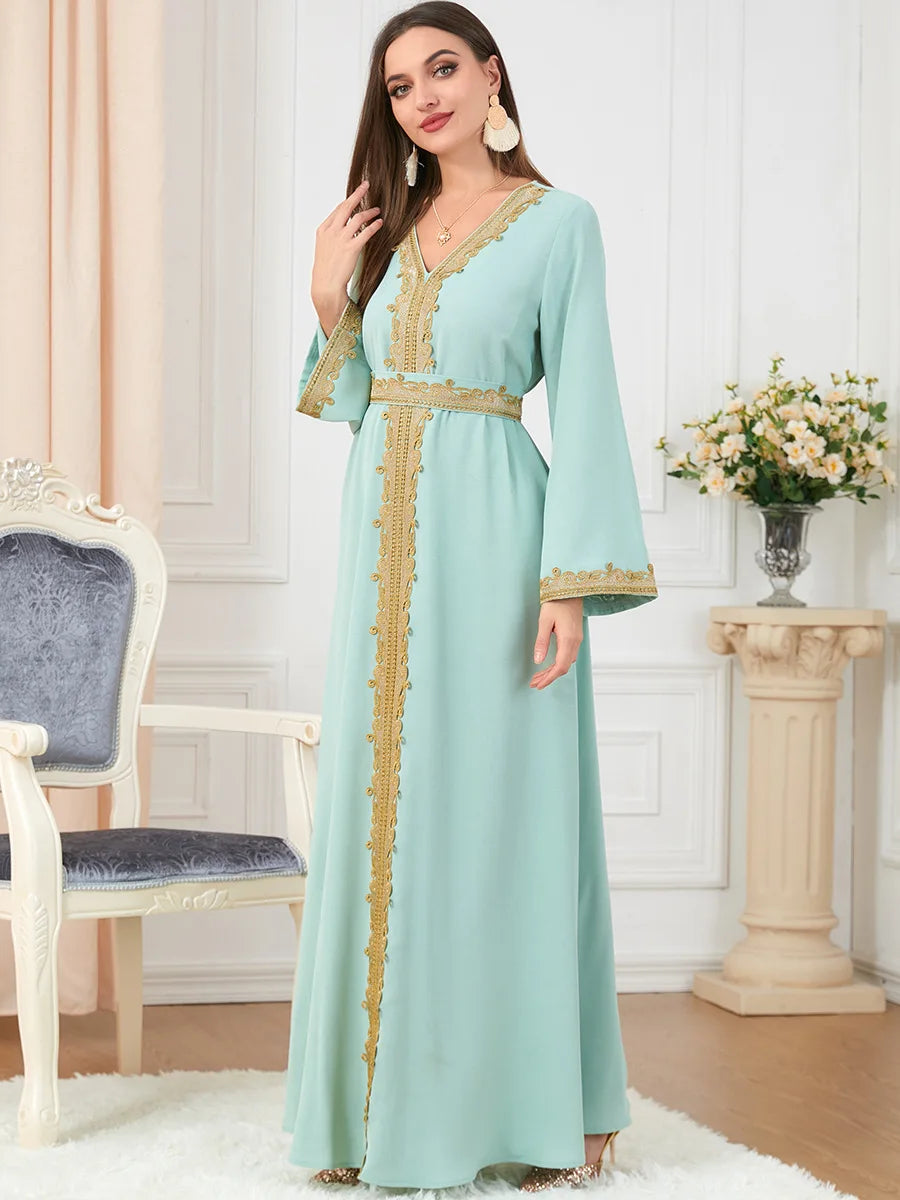 Women's Abaya Clothing Pure Color Splicing Basic Loose Embroidered Long Skirt Long Sleeve Dress