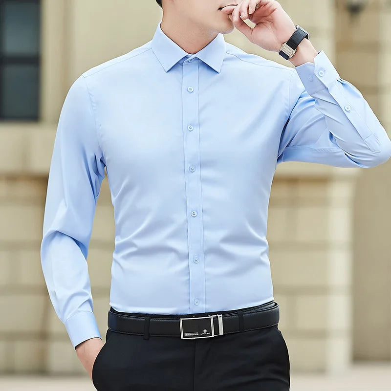 Men Solid Color Shirt Casual White Long Sleeve Shirt
