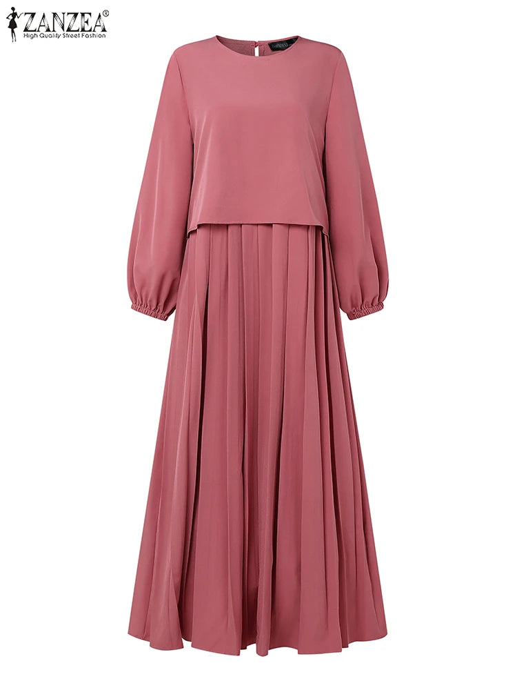 Women Autumn Patchwork Dresses 2025 ZANZEA  Abaya Robe Femme Elegant Long Sleeve Solid Pleated Sundress Clothing