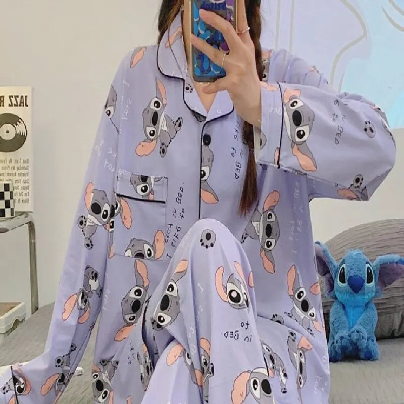 Versatile Casual Cartoon Stitch Sleepwear Women's Spring and Autumn Long Sleeved Two-piece Set Pijama Pajama Sets Pyjamas Sleep
