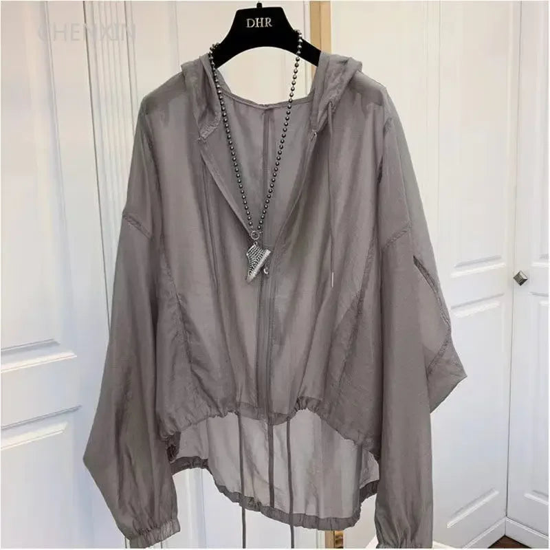 Women Hooded Jackets Summer Sun-proof Zipper Coats Thin Loose See Through Outerwear Breathable Outwear Lightweight Clothes White