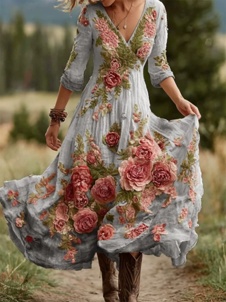 Casual Long Sleeve Party Dresses Elegant Flower Print Waist Big Swing Long Dress Women's Sexy Deep V-neck Draped Bohemian Dress
