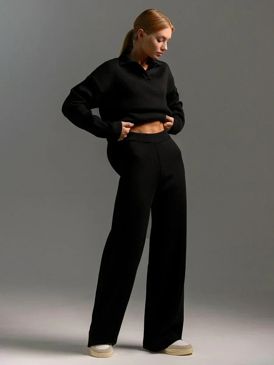 Bornladies Winter Thick Women Knitted Suits Soft 2 Pieces Sets  Polo Neck Sweater & Wide Leg Pants Knitted Outfit