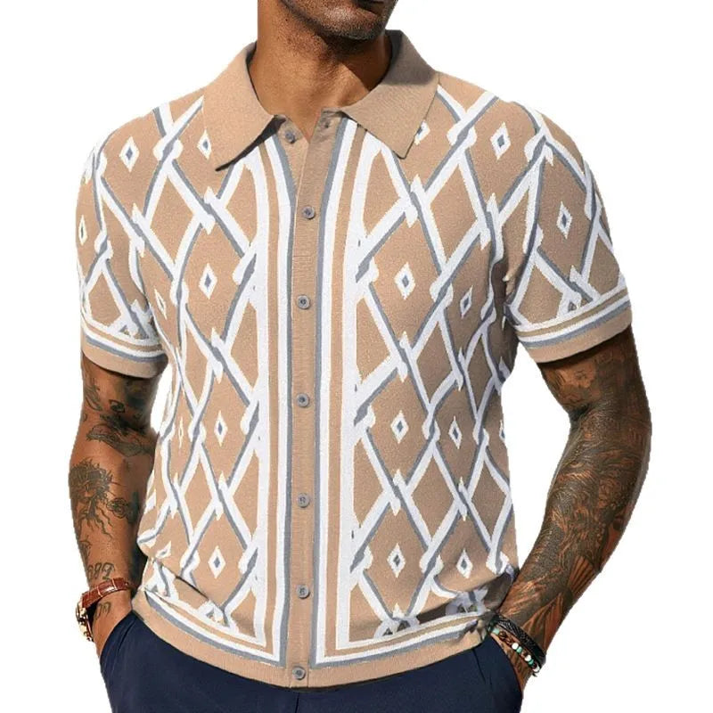Knitted Shirt Print T Shirts Short Sleeve Single Breasted Cardigan Men Turn Down Collar Casual Shirts Loose Casual 2025