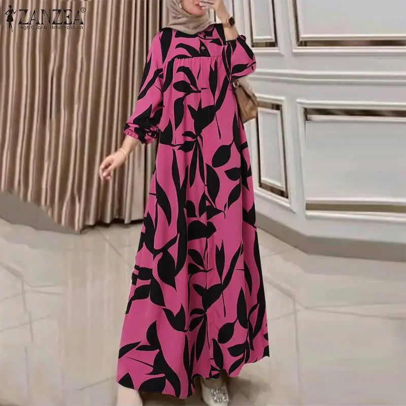2025 ZANZEA Autumn Sundress Fashion Women Long Sleeve Dress Abaya Bohemain Floral Print Maxi