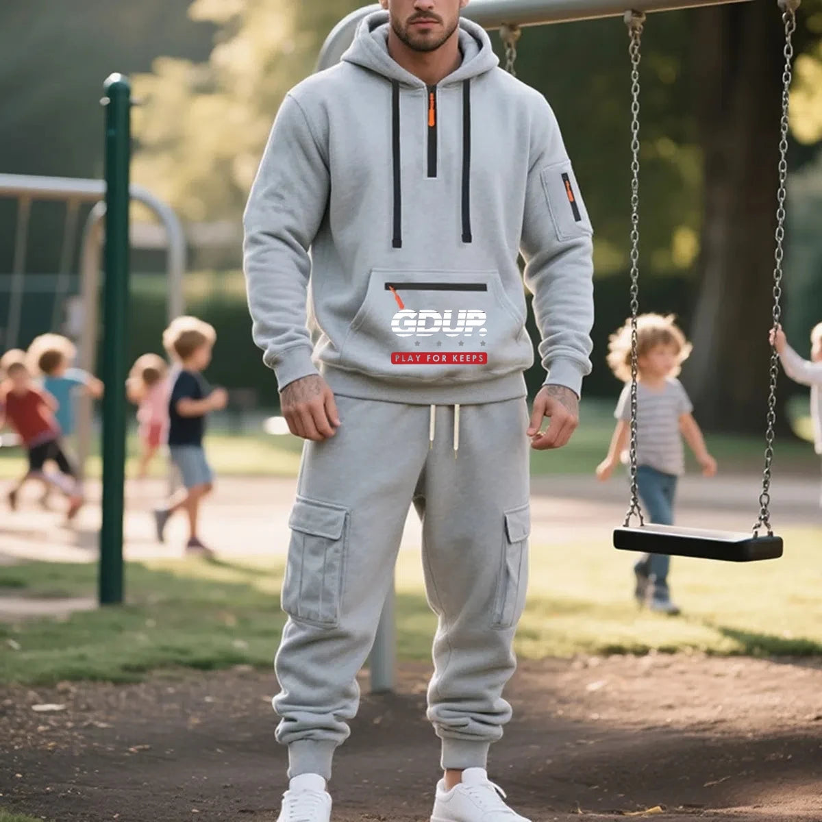 Men's Fleece Hooded Half-Zip Sweatshirt And Loose Sport Pants Set Casual Autumn/Winter Multi-Pocket Fashion Track Suit