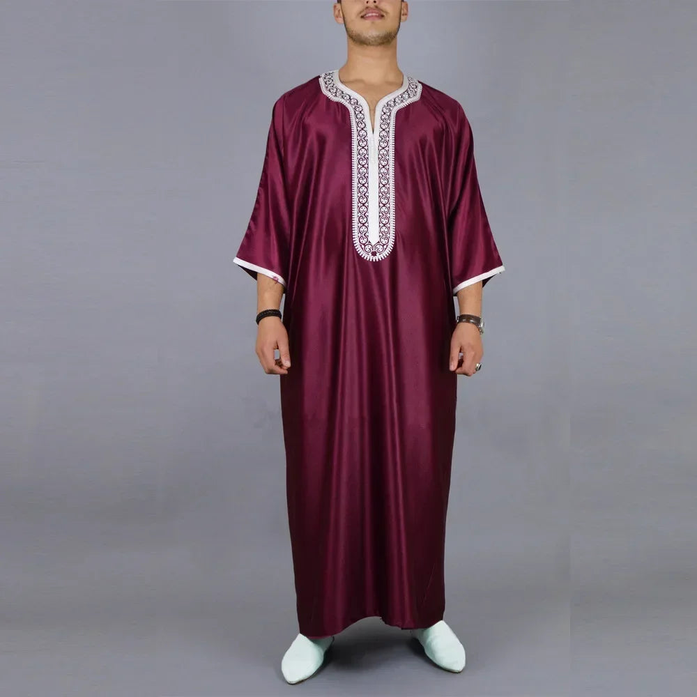 New 2025 Islamic Clothing Men Robe Kaftan Muslim Man Moroccan Casual Long Dress Arabic Striped Robe Middle East National Costume