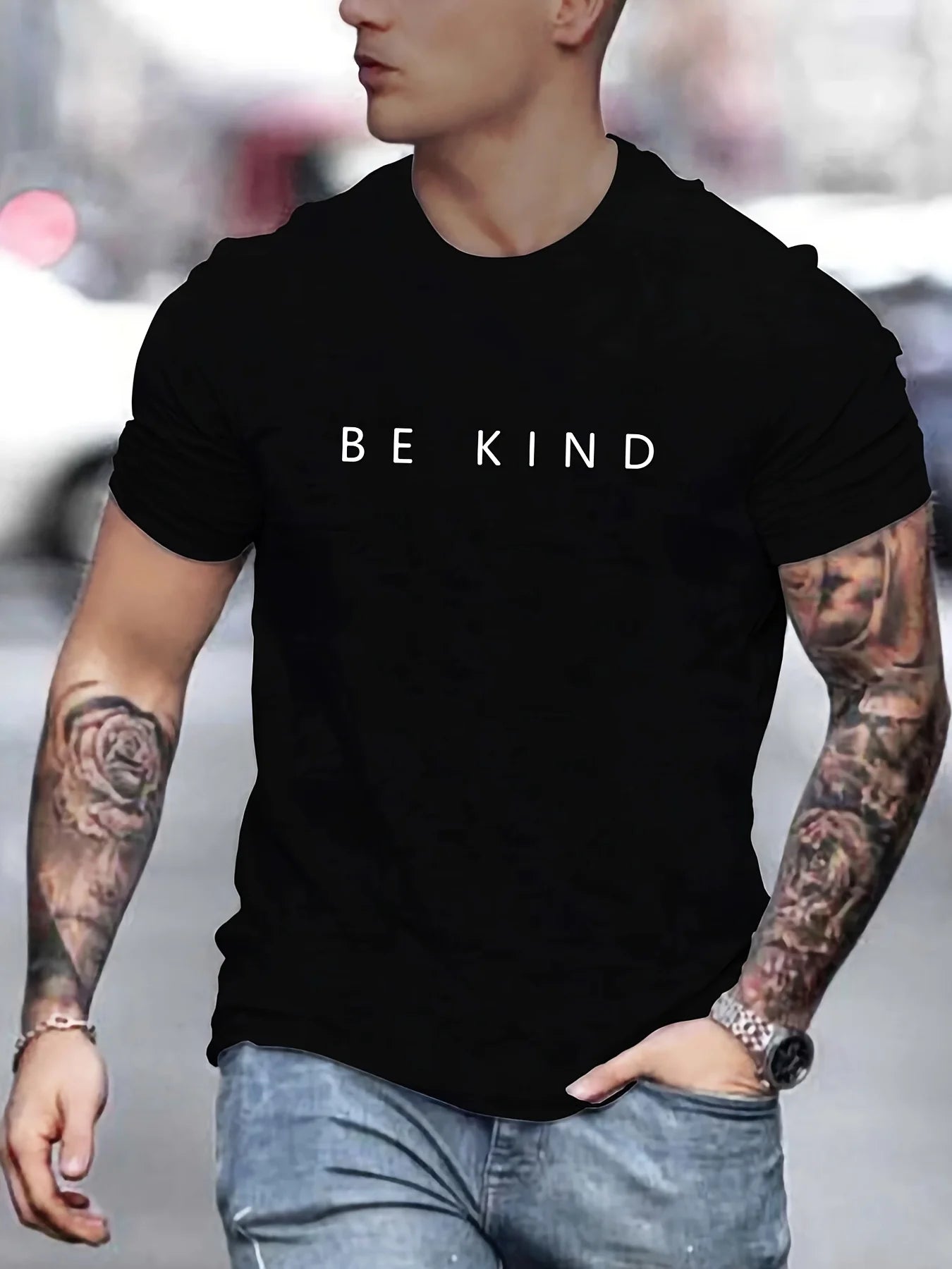 Men's Summer Loose Fit  100 Cotton be Kind Print T-shirt Tops O-neck Pactwork