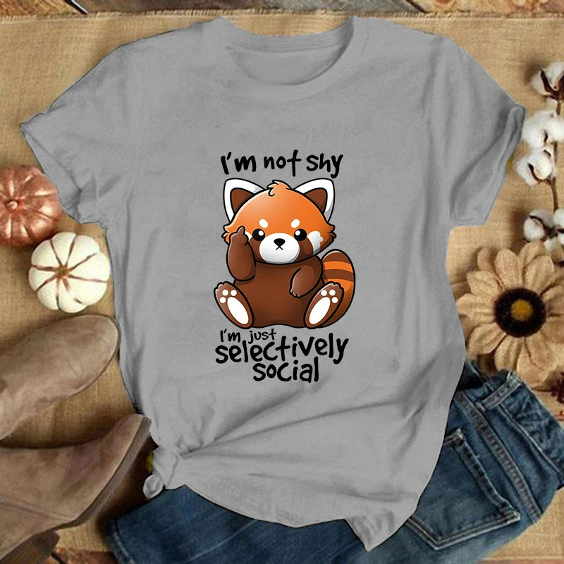(Premium T-shirt)Panda I'M Not Shy I'M Just Selectively Social Printed T-Shirts Women Short Sleeve Funny Round Neck Tee Shirt