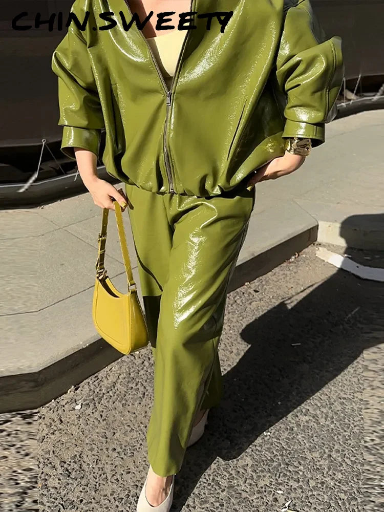 ladies Stylish Leather Solid Jacket Pants Set Women Stand Collar Zipper Coat Loose Trousers Sets Female 2025 Autumn Fashion Streetwears