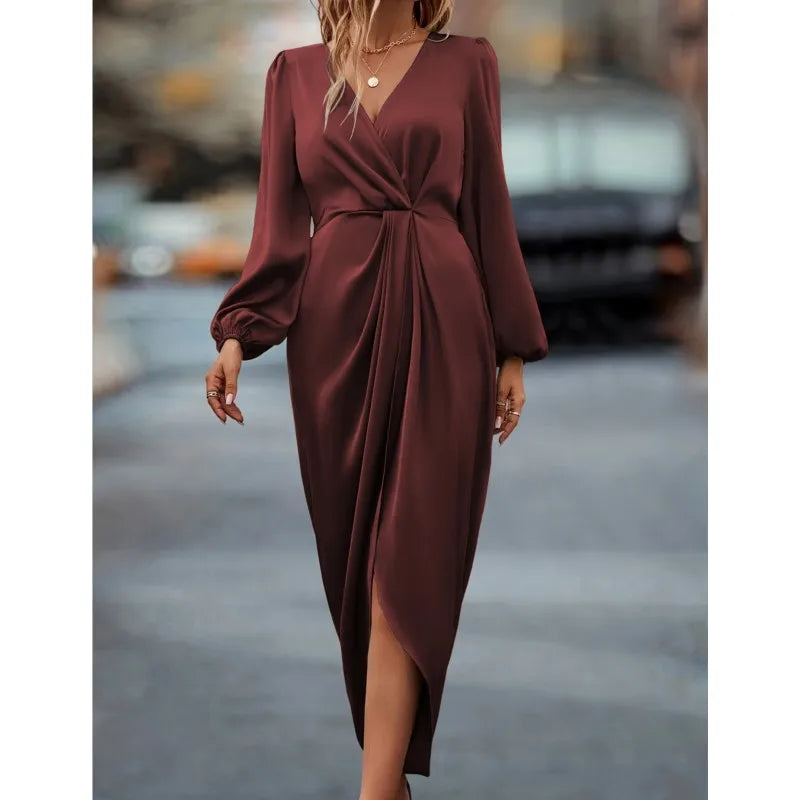 Women's Satin Evening Party Maxi Dress Draped Silk V-Neck Long Sleeve Office Lady  Midi Dresses Vestidos Sexy Chic Robes Longue