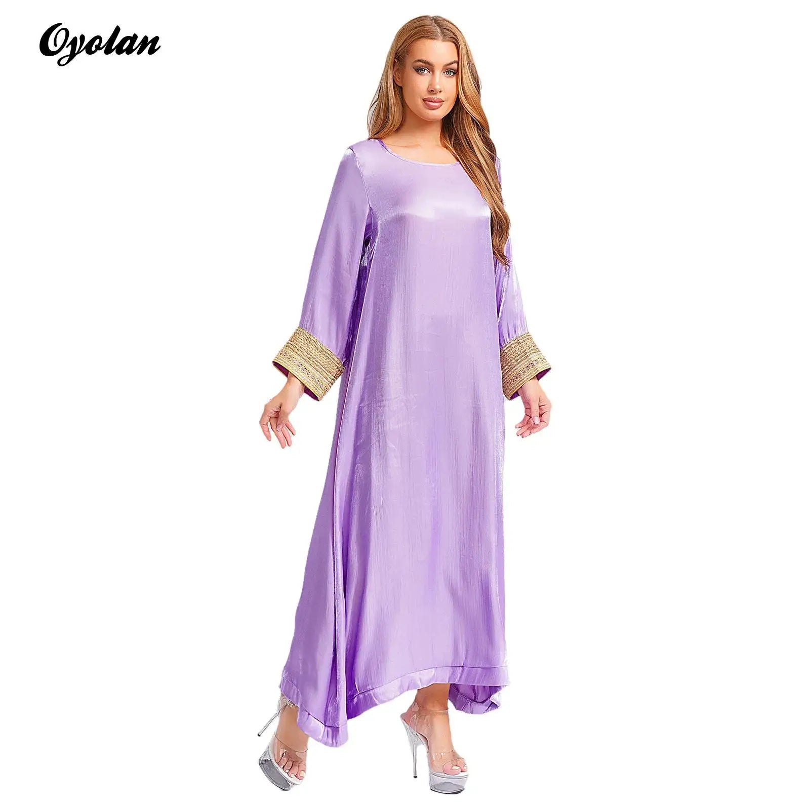 Womens Arabic Abaya Kaftan Dress Long Sleeve Loose Pullover Robe Shiny  Maxi Dress