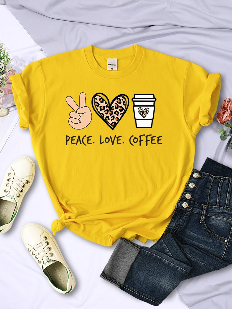 Women's Peace Love Coffee Printed Quality T-Shirts Brand Breathable O-Neck Tshirt For Women
