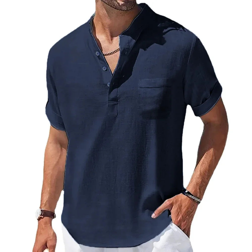 New Men's Casual Henley Collar Shirts Summer Solid Color Short Sleeve Cotton Linen Shirt Breathable Loose Beach T-Shirts