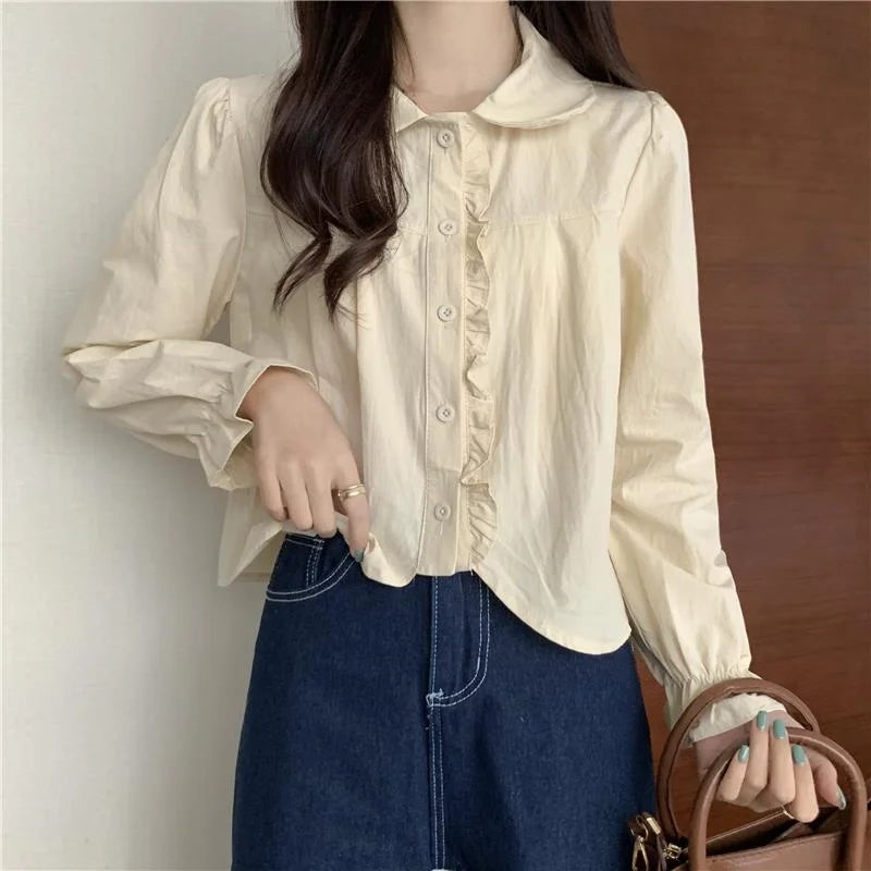 Women's T shirts Collar Age-reducing Long-sleeved