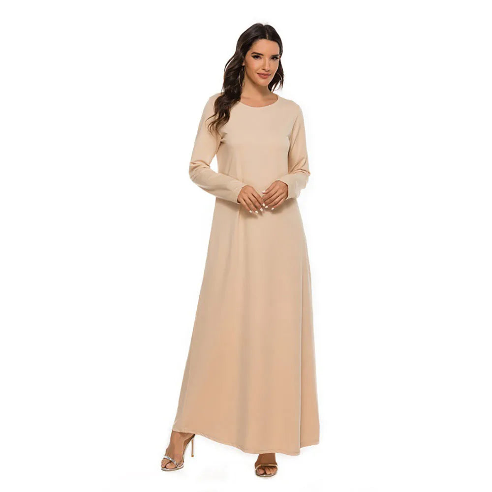 Women's Muslim Basic Liturgy  Abaya Long Sleeve Inner Cloth Round Neck Ladies Dress Middle Eastern Dubai Turkey Solid Daily Robe
