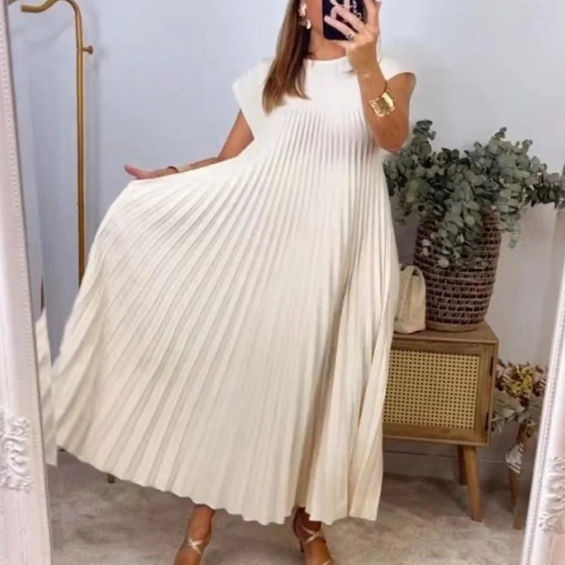 Elegant Loose Summer Party Dresses Fashion Women Short Sleeve Casual A-line Pleated Long Dress O Neck Solid Robe Simple Clothes
