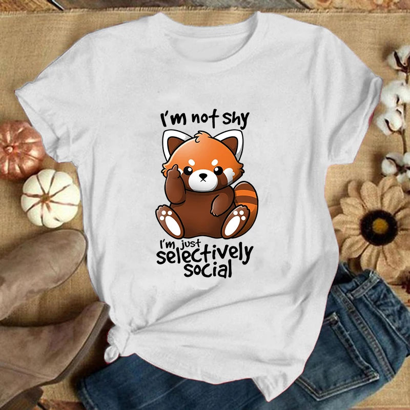 (Premium T-shirt)Panda I'M Not Shy I'M Just Selectively Social Printed T-Shirts Women Short Sleeve Funny Round Neck Tee Shirt