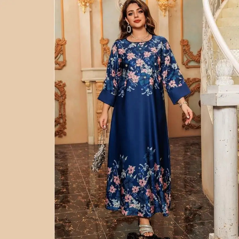 Women Kaftan Dress Flower Print Islamic Kaftan Dress Middle Eastern Robe Dress