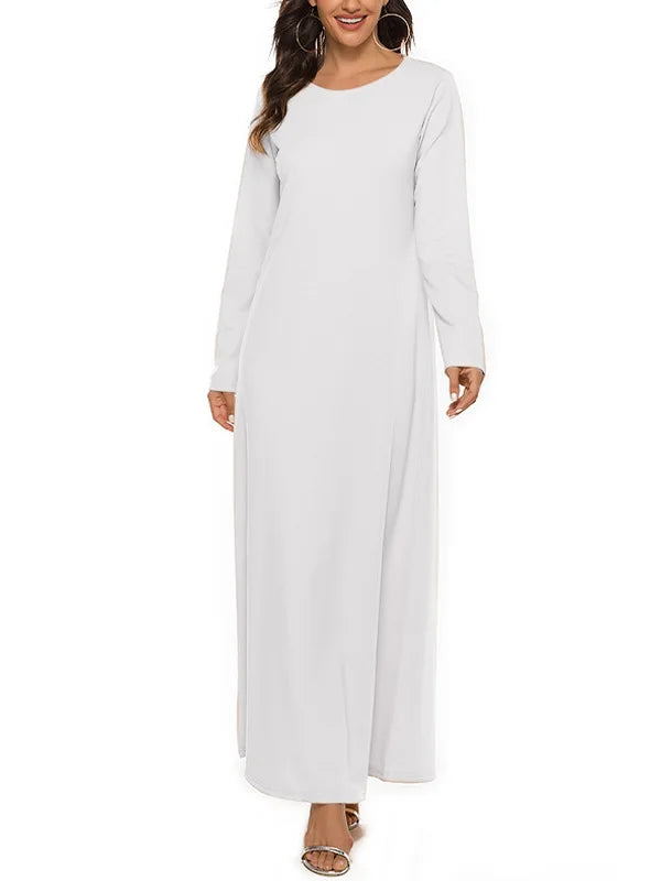 Women's Basic Long sleeved Laydown Round Neck Dress Solid Color Robe