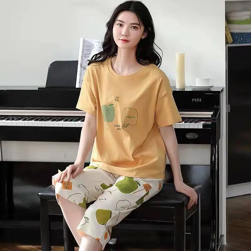 Women Sleepwear Half-Sleeve Seven-Quarter Trousers Student Nightwear Homewear Set Round Neck Cartoon Ladies Pajamas Loungewear