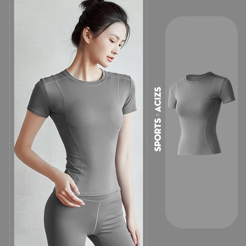 Women's T shirts Sports Fitness Slim Running Sweat Absorbing Skinny Yog Quick Drying