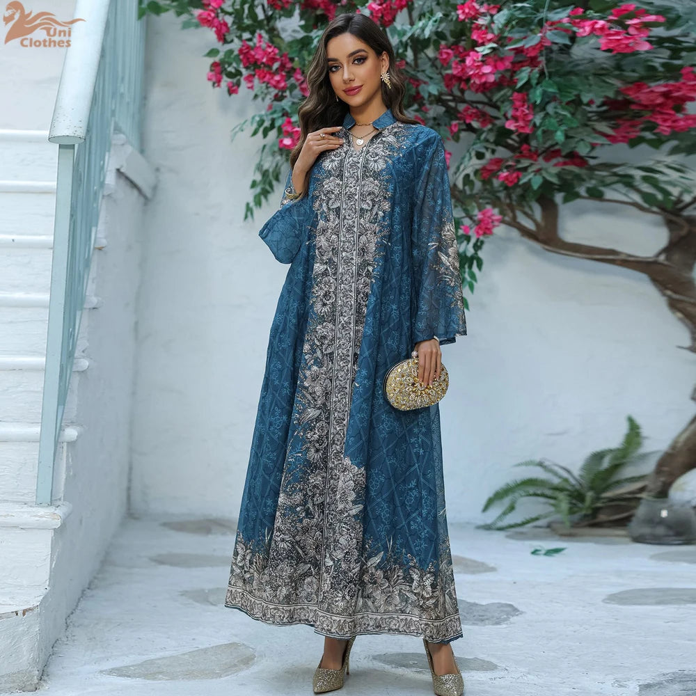 Eid Muslim Dresses Abaya for Women Party Long Robe Jalabiya Flower Print Kaftan Ramadan Morocco Dubai Abayas Islam Vestidos