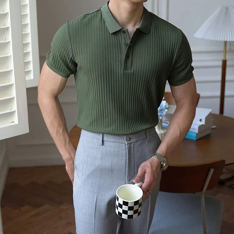 Vertical Stripe Knit Polo Men's Shirts Summer New Slim Breathable Turn-Down Collar Business Short Sleeve Polo Tops
