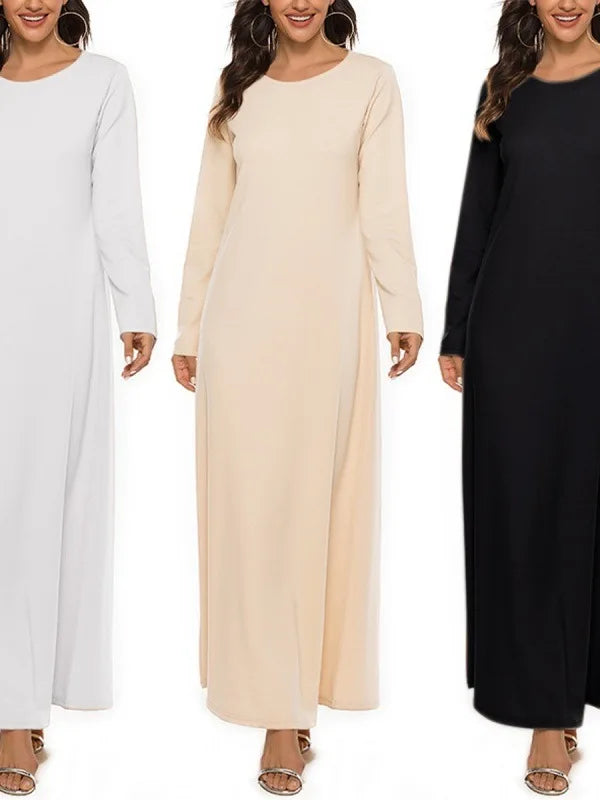 Women's Basic Long sleeved Laydown Round Neck Dress Solid Color Robe