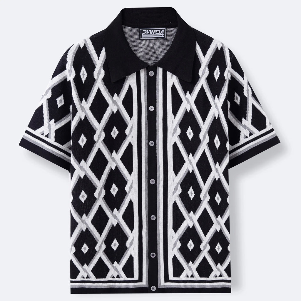 Knitted Shirt Print T Shirts Short Sleeve Single Breasted Cardigan Men Turn Down Collar Casual Shirts Loose Casual 2025