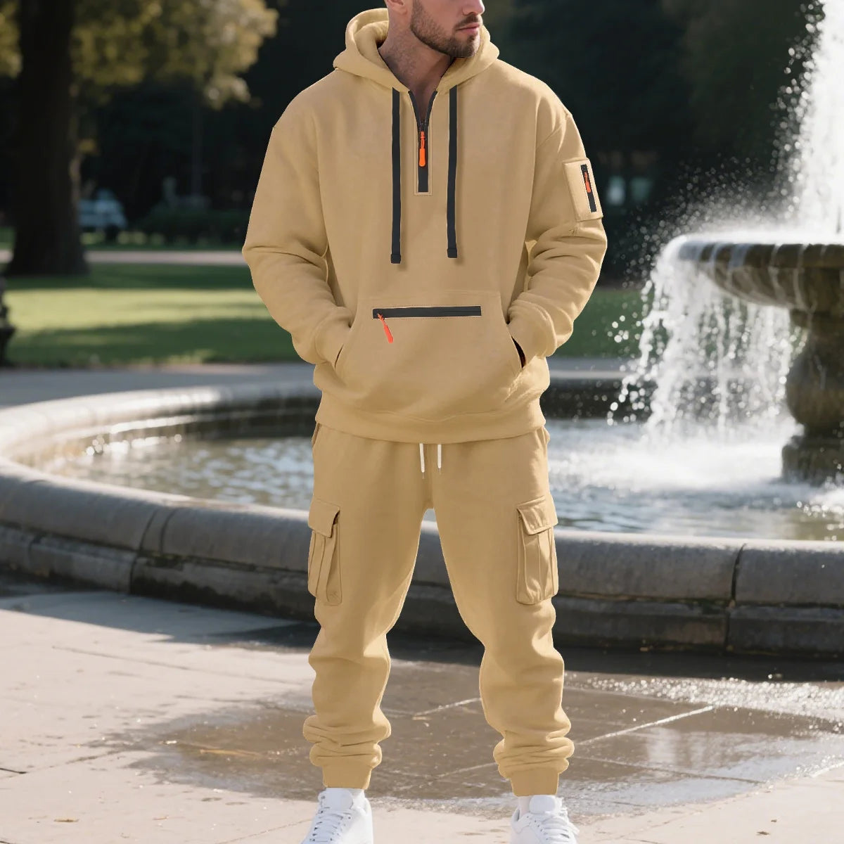 Men's Fleece Hooded Half-Zip Sweatshirt And Loose Sport Pants Set Casual Autumn/Winter Multi-Pocket Fashion Track Suit
